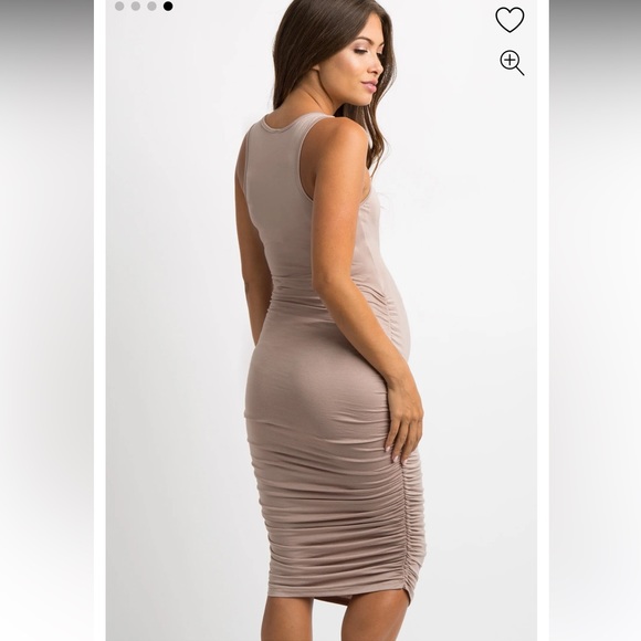 Mocha Solid Ruched Fitted Maternity Bodycon Midi Dress - Picture 4 of 6